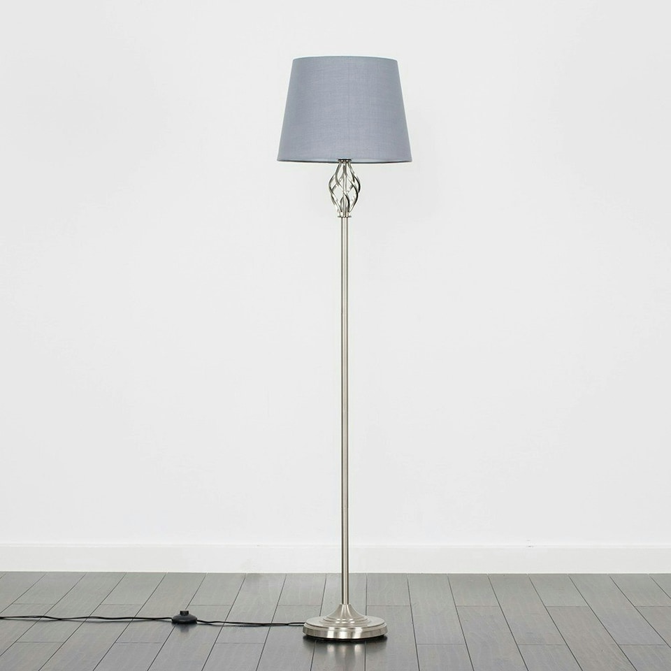 image 1 of ValueLights Traditional Style Satin Nickel Barley Twist Floor Lamp With Grey Light Shade