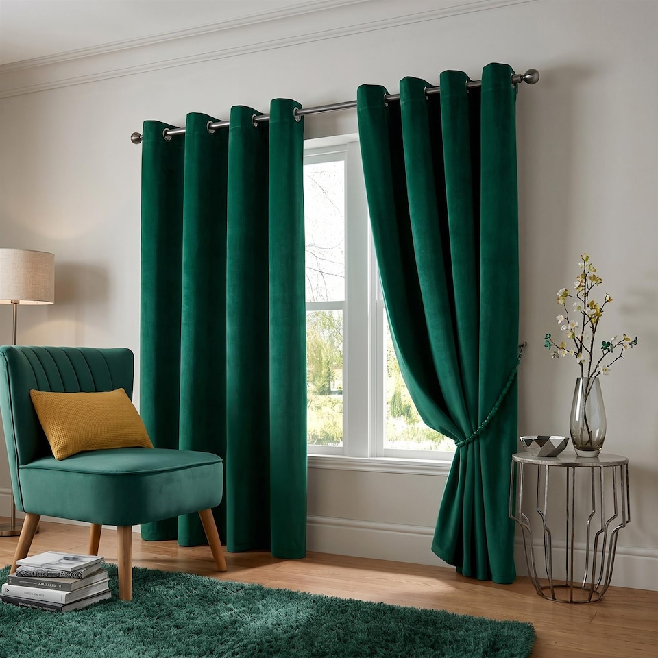 image 1 of Velvet Thermal Blackout Eyelet Curtains Ready Made Pair - 168cm x 183cm - Green