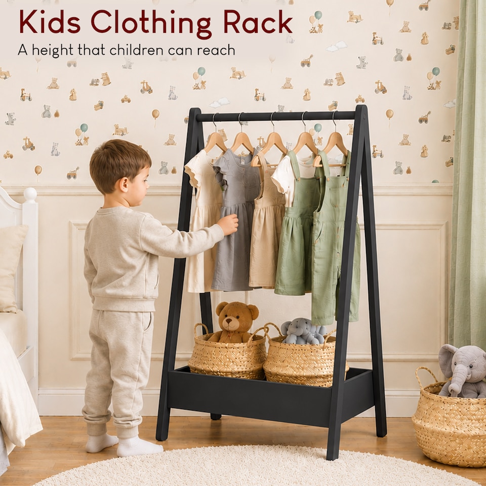 image 1 of Junior Vida Kids Bedroom Furniture Space Saving Foldable Clothing Rack - Black