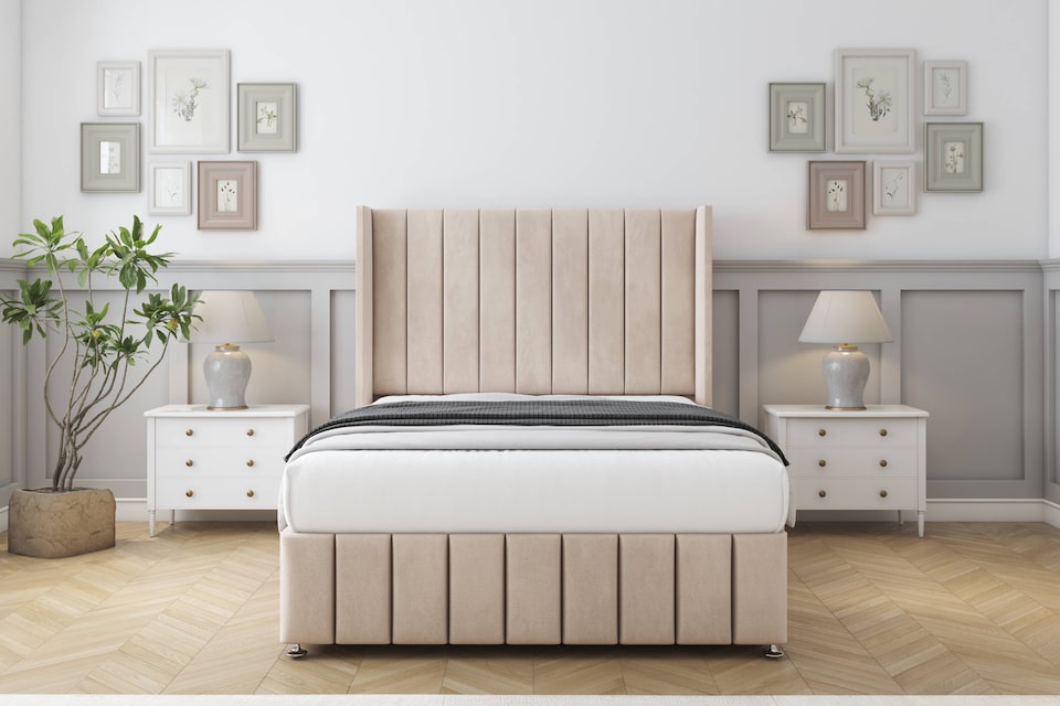 image 1 of Sloomy Melbourne Sand Naples Divan Bed Base No Drawers With 54 Inch Wingback Headboard & 12 Inch Matching Footboard | Cream | Sand | Super King | 1