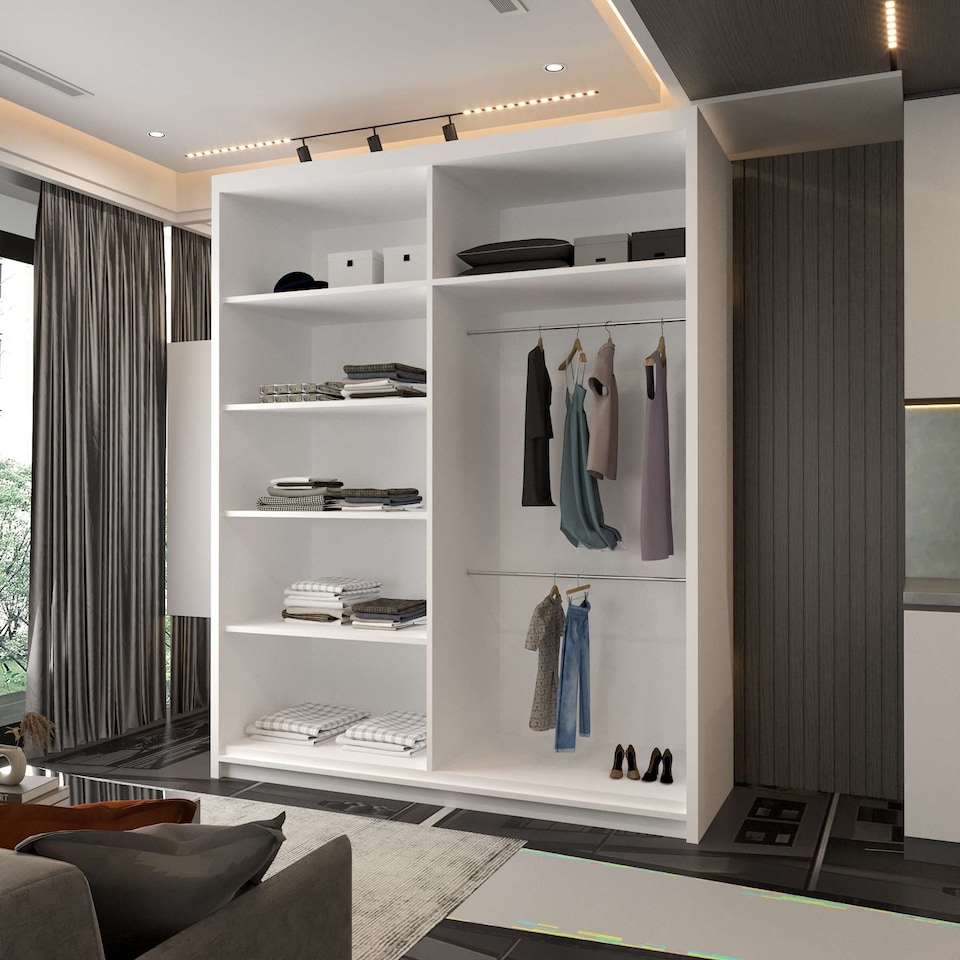 image 1 of Modern Sliding Mirror Wardrobe with Strip Design & Adjustable Storage - 150/203cm Options