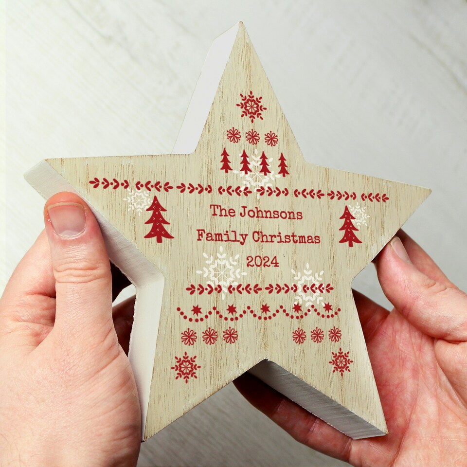 image 1 of Personalised Christmas Fair Isle Wooden Star Ornament