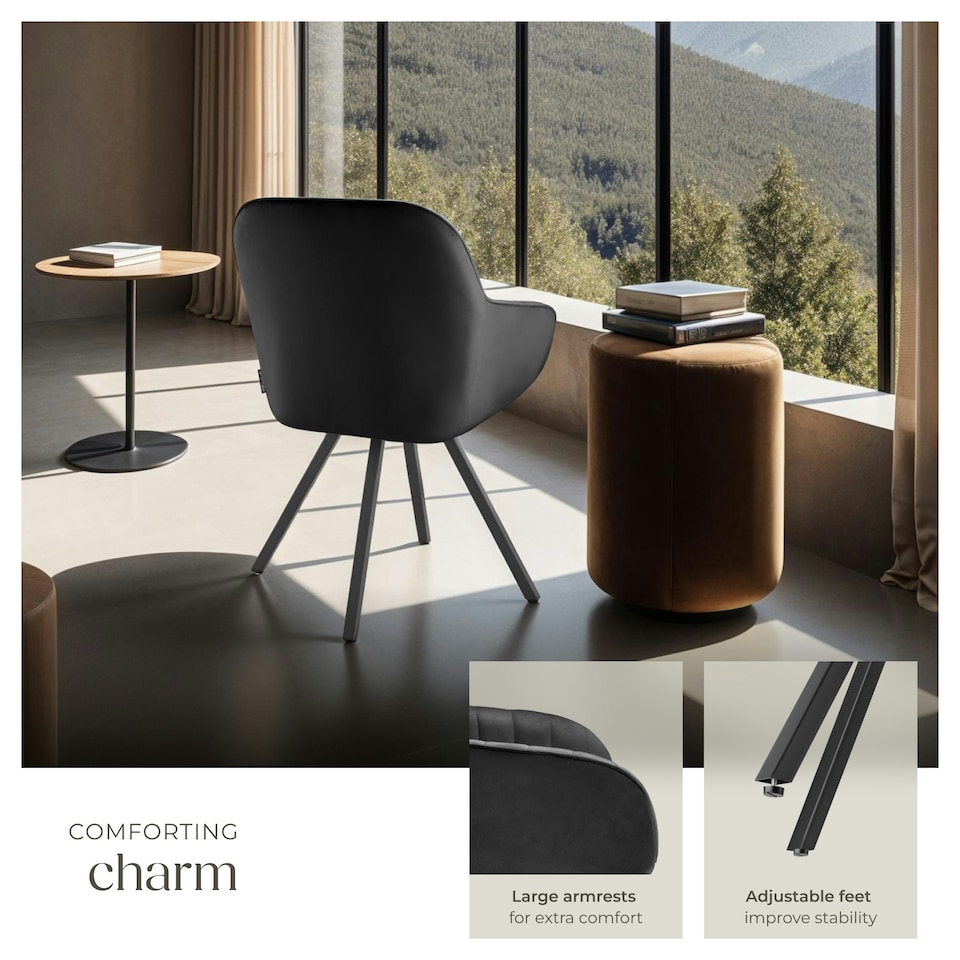 image 1 of Lounge Armchair Living Room Accent Chair 360 Swivel Slim Steel Legs Velvet Fabric  - per piece Black