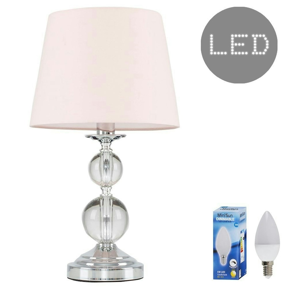 image 1 of ValueLights Gatto Dimmable Polished Silver Table Lamp with Small Pink Tapered Shade and E14 Candle LED 5W Warm White 3000K Bulb