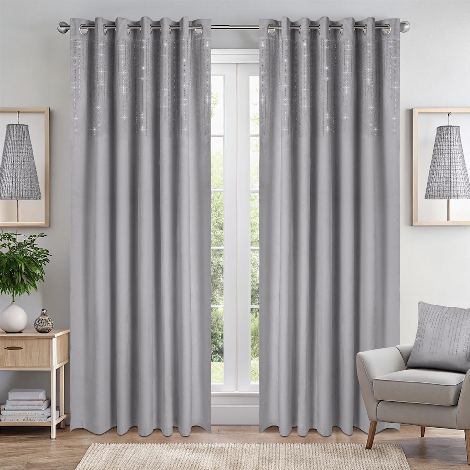 image 1 of Triple Woven Blackout Velvet Ring Top Curtains with Cascading Diamante Studs 168cm x 183cm Silver | Silver | Silver | 1
