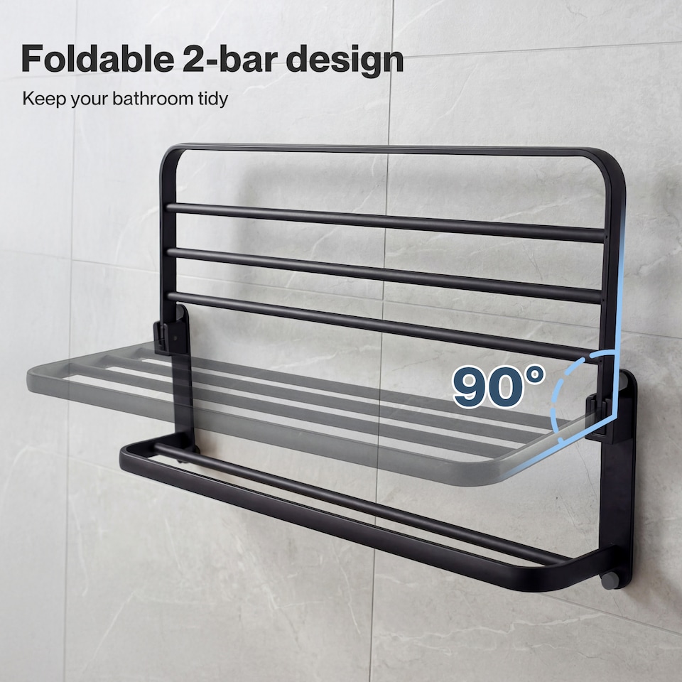 image 1 of Levede Towel Holder with 2 Bars Wall Mounted No Drill Bathroom Shelf Black