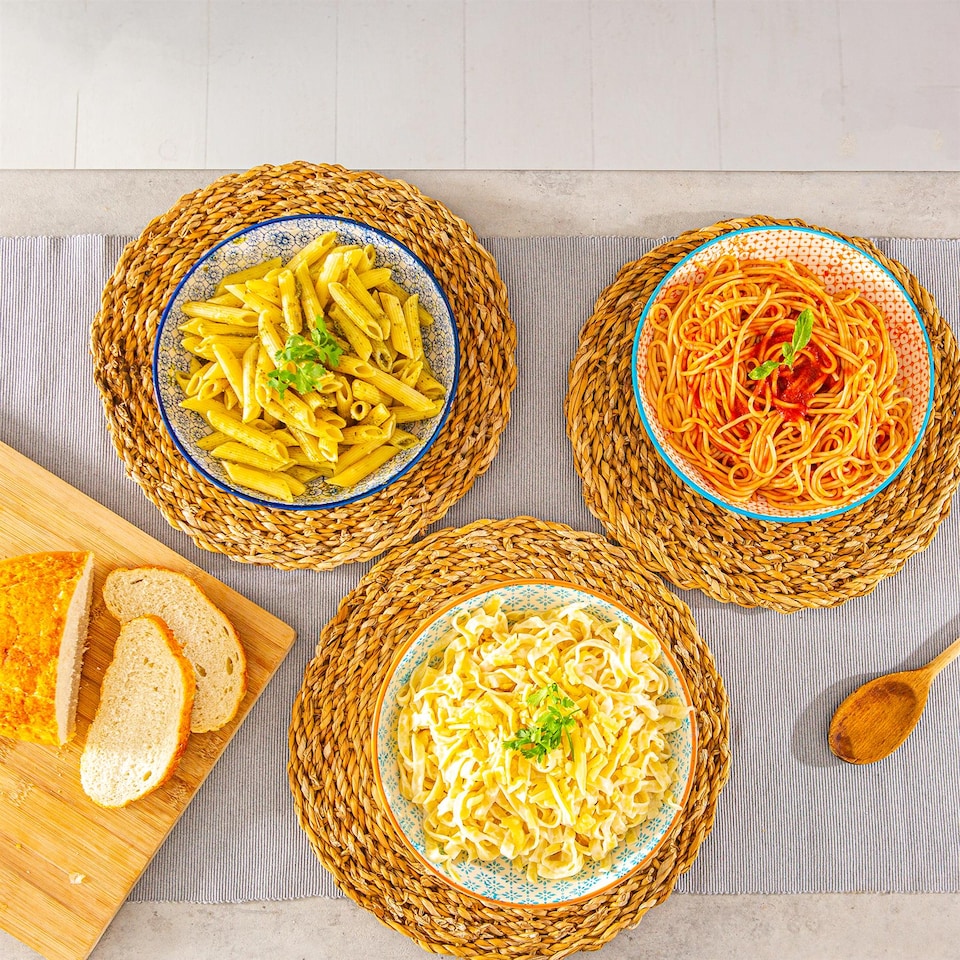 image 1 of Nicola Spring Hand-Printed Pasta Bowls - 22cm - 3 Colours - Pack of 6 | Multi | Multi