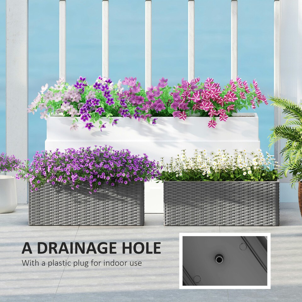 image 1 of Outsunny Set of 2 Hanging Flower Boxes, 50 cm Long, Rattan Look, Grey Grey | Grey