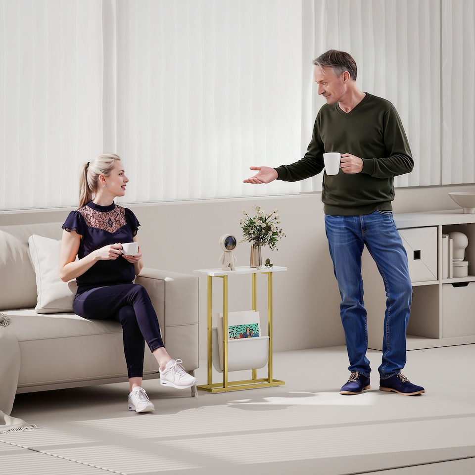 image 1 of HOMCOM Narrow Side Table, End Table with Magazine Holder for Small Spaces | White | White