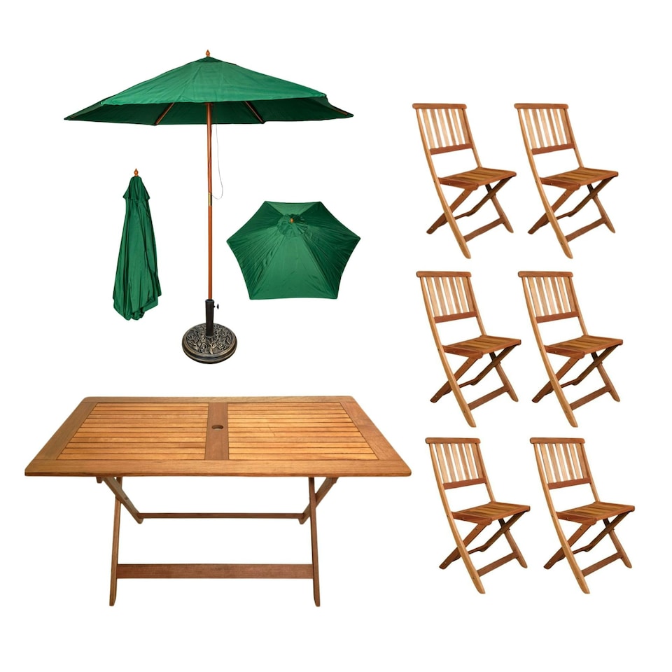 image 1 of Outdoor 6 Person Folding Rectangular Wooden Garden Patio Dining Table Chairs Parasol and Base set