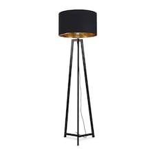ValueLights Lottie Black Wood Tripod Floor Lamp with Black and Gold Shade & Bulb | Black