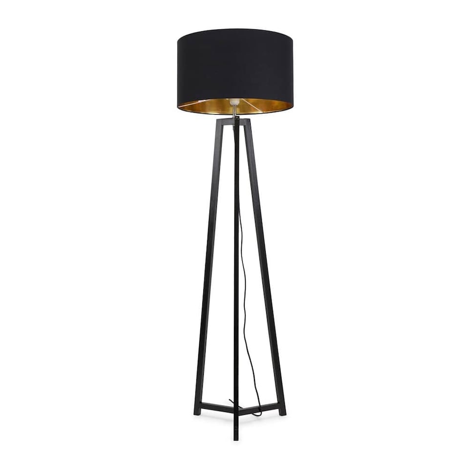 image 1 of ValueLights Lottie Black Wood Tripod Floor Lamp with Black and Gold Shade & Bulb | Black