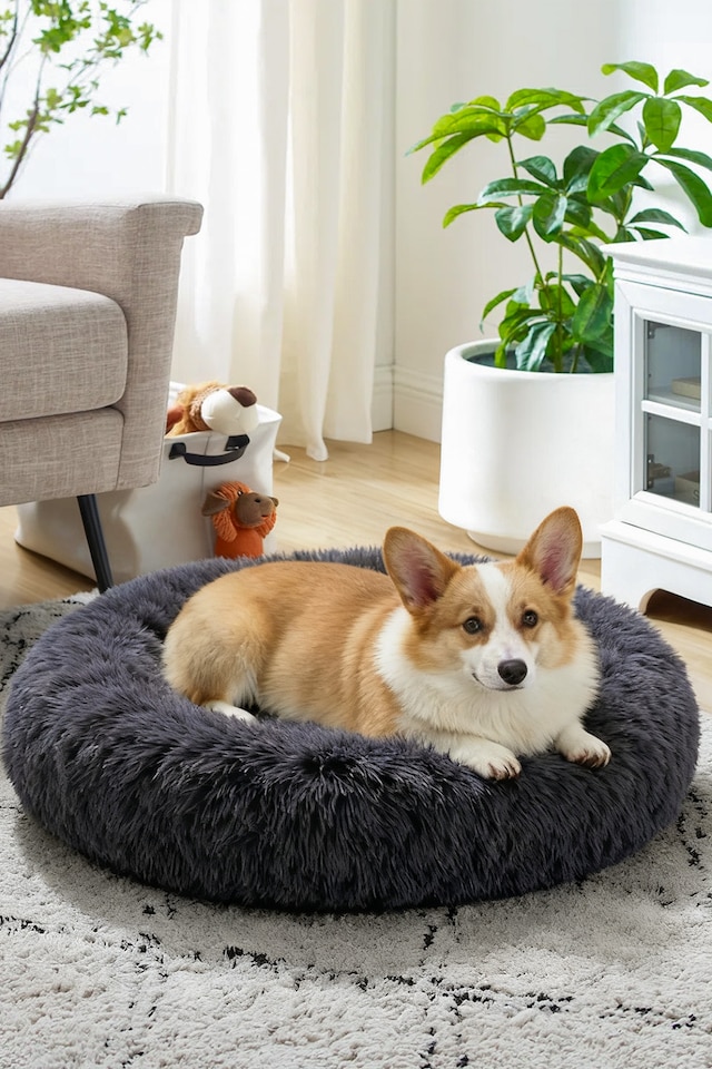 image 1 of Living and Home Calming Round Donut Plush Dog Cuddler Bed | Grey | Dark Grey