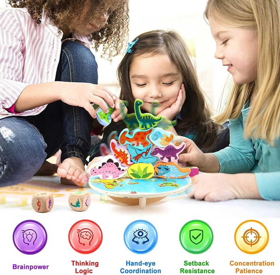 image 1 of Wooden Stacking Balance Toys Dinosaur Building Blocks Montessori Educational Balancing Game Set