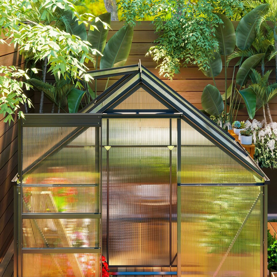 image 1 of Outsunny Polycarbonate Walk-in Garden Greenhouse w/ Sliding Door Grey