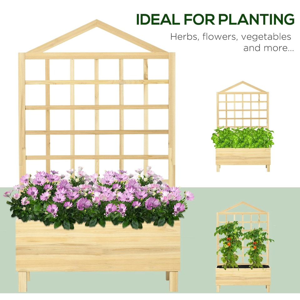 image 1 of Outsunny Wooden Garden Planters with Trellis for Vine Climbing Plants, Natural