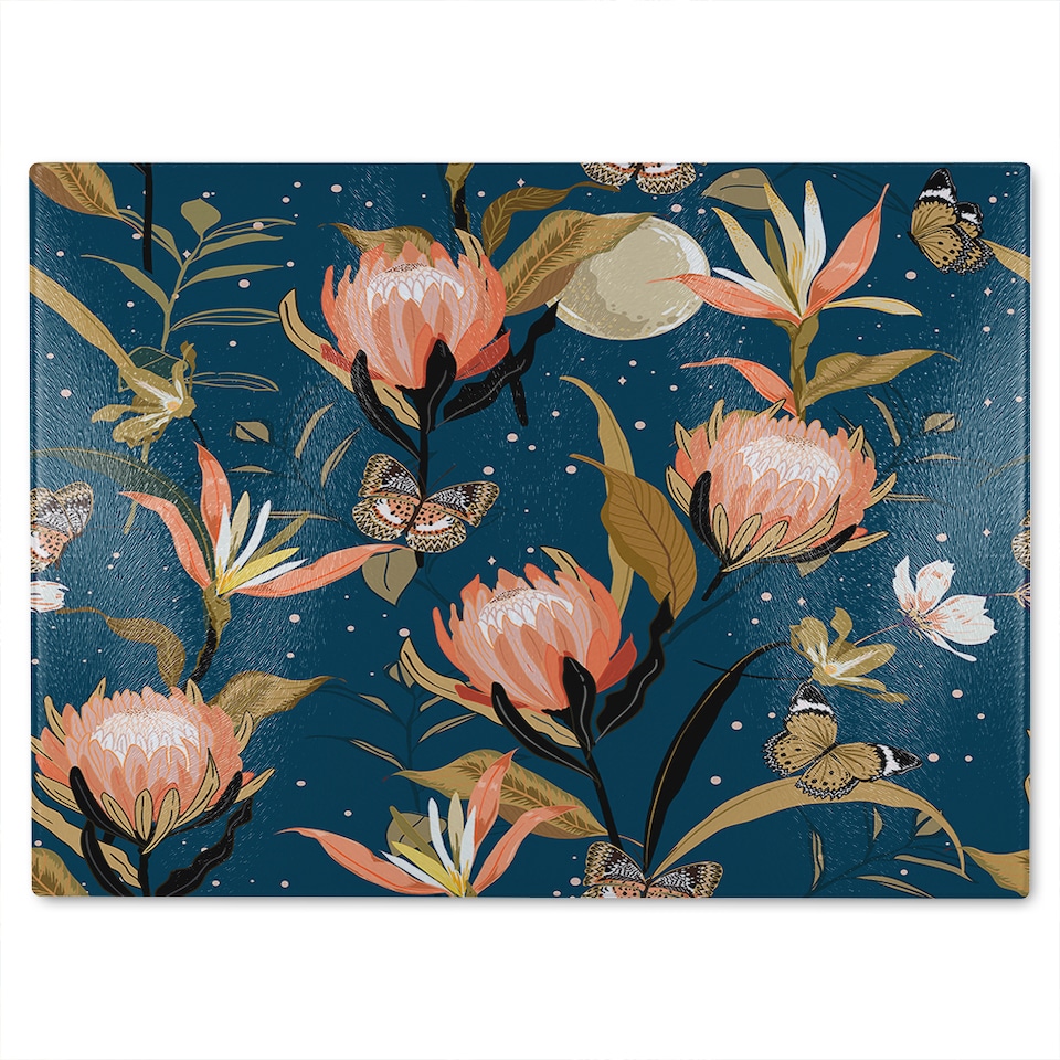image 1 of The Moon Butterflies & Flowers Glass Chopping Board | Multi