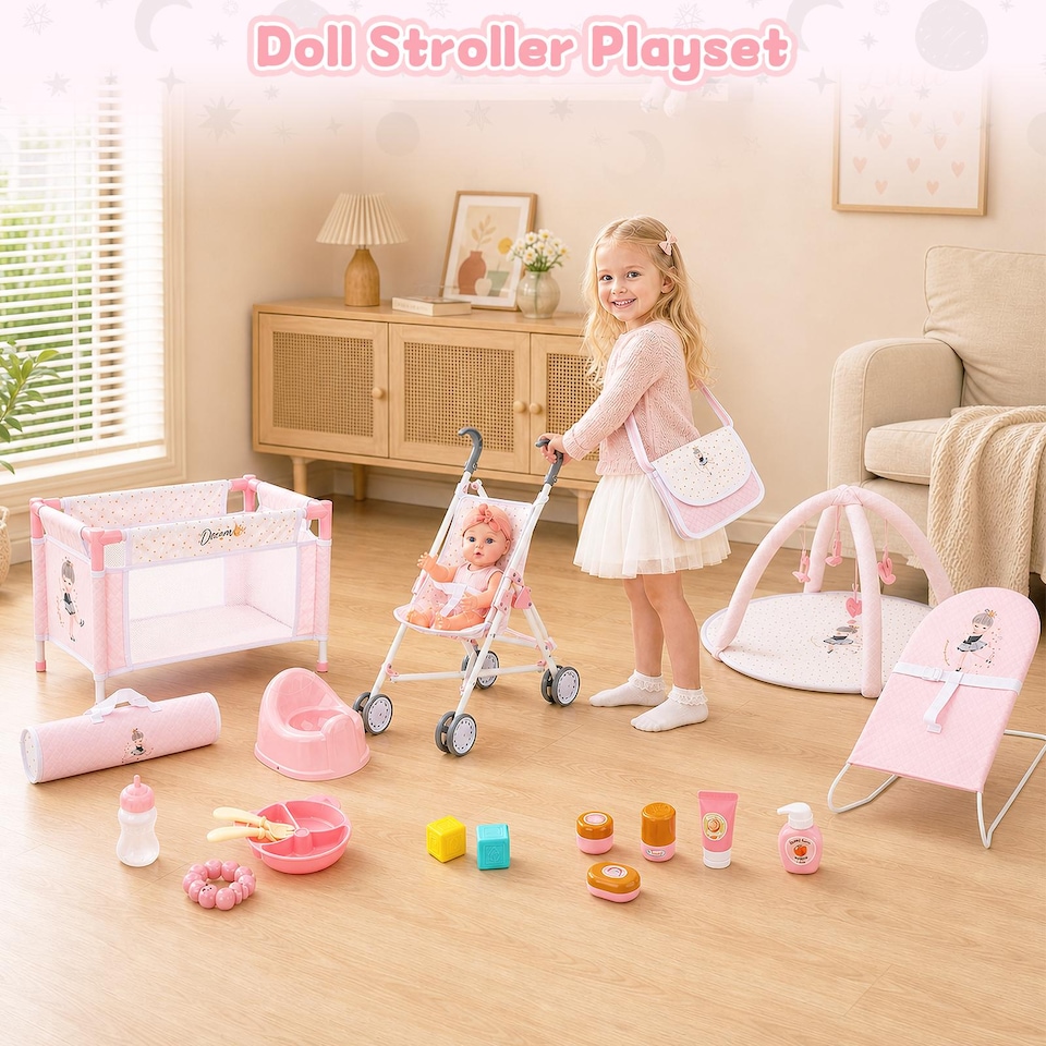 image 1 of Baby Doll Nursery Playset with 12" Doll, Stroller, Crib, Play Mat & Travel Bags – Complete Pretend Baby Care Set with Accessories – Role‑Play Toy for Kids Ages 3–8