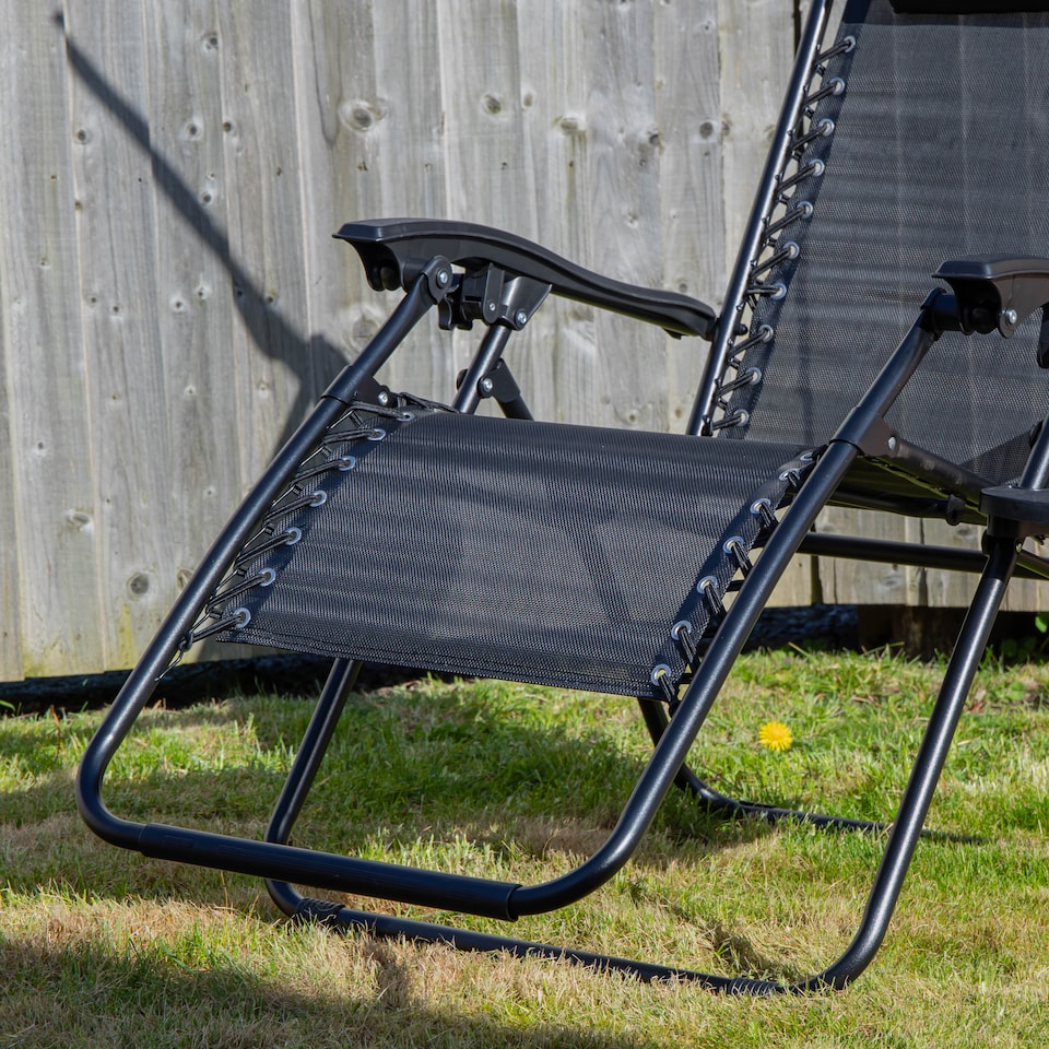image 1 of Set of 2 Multi Position Garden Gravity Relaxer Chair Sun Lounger with Sun Canopy in Black | Black | Black