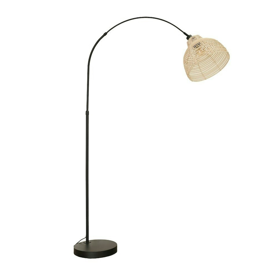 image 1 of ValueLights Louis Black Arched Curved Floor Lamp with Cream Woven Basket Lamp Shade