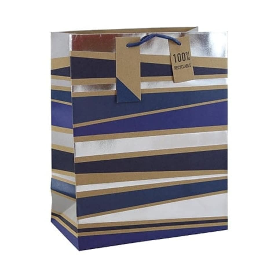 Modern Navy Blue Stripes Kraft Large Gift Bag 33cm