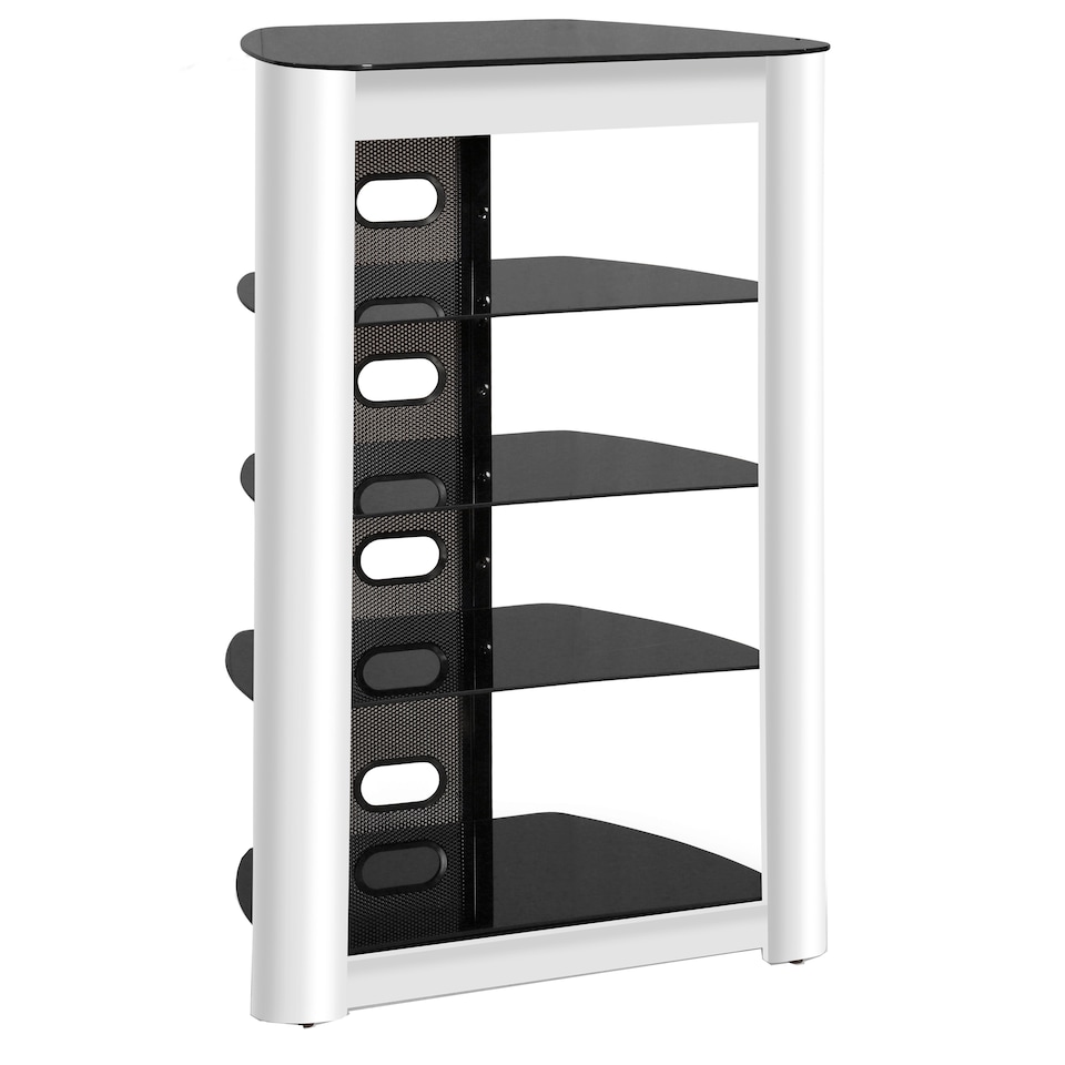 image 1 of Centurion Supports ZINNIA 5-Tier Black Glass Shelves with Gloss White Fascia Entertainment Media Audio Rack | White | Black | 1