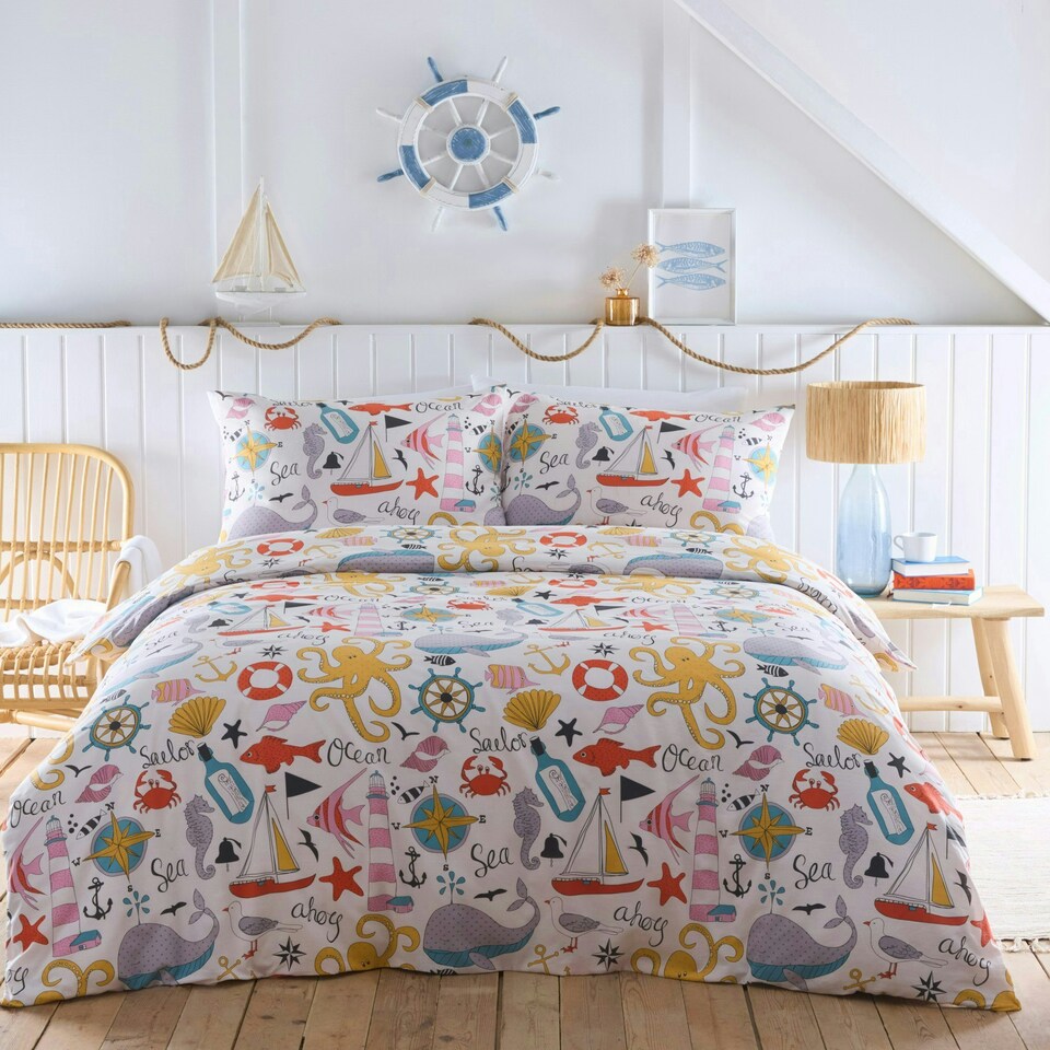 image 1 of Portfolio Home Beachcomber Nautical Soft Easy Care Bed Linen Bedding Duvet Cover Quilt Set With Pillow Case Multi | Double