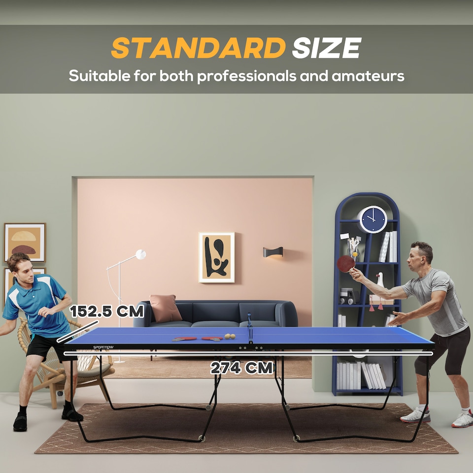 image 1 of SPORTNOW 9FT Folding Table Tennis Table w/ 8 Wheels for Indoors, Blue
