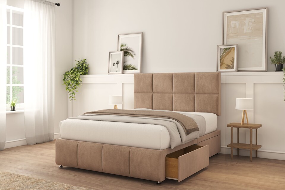 image 1 of Sloomy Sterling Mink Naples Divan Bed With Mattress 2 Drawers Right 26" Strutted Headboard & 12" Footboard 2'6 Small Single