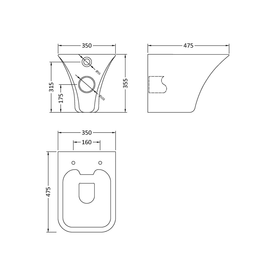 image 1 of Rimless Wall Hung Ceramic Toilet Pan & Soft Close Seat, 355mm
