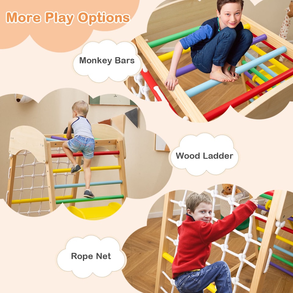 image 1 of COSTWAY 4-in-1 Jungle Gym Wooden Indoor Toddler Playground Slide-Colorful