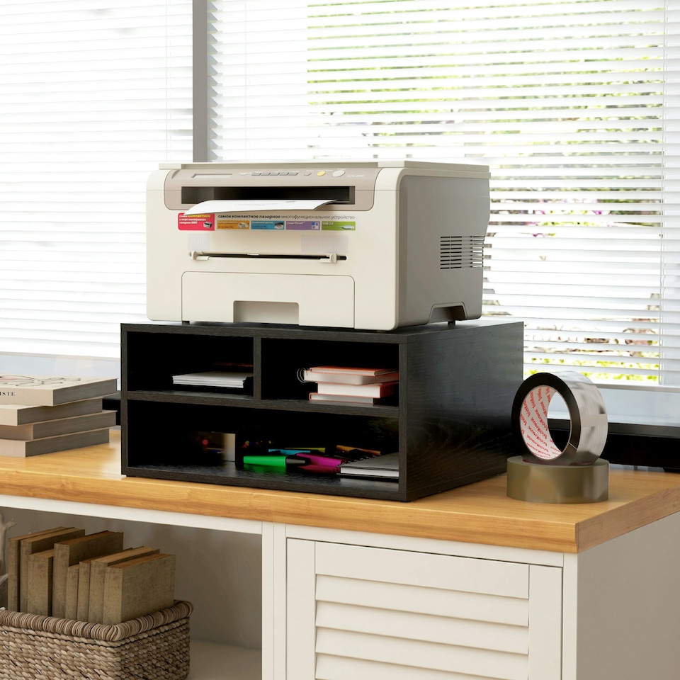 image 1 of HOMCOM Desktop Printer Stand with 3 Open Compartments, Desk Organiser, Black