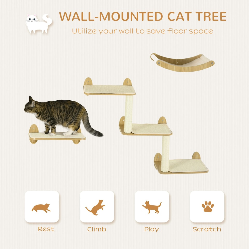 image 1 of PawHut 3PC Wall Mounted Cat Tree Climbing Shelf Set with Scratching Post Oak