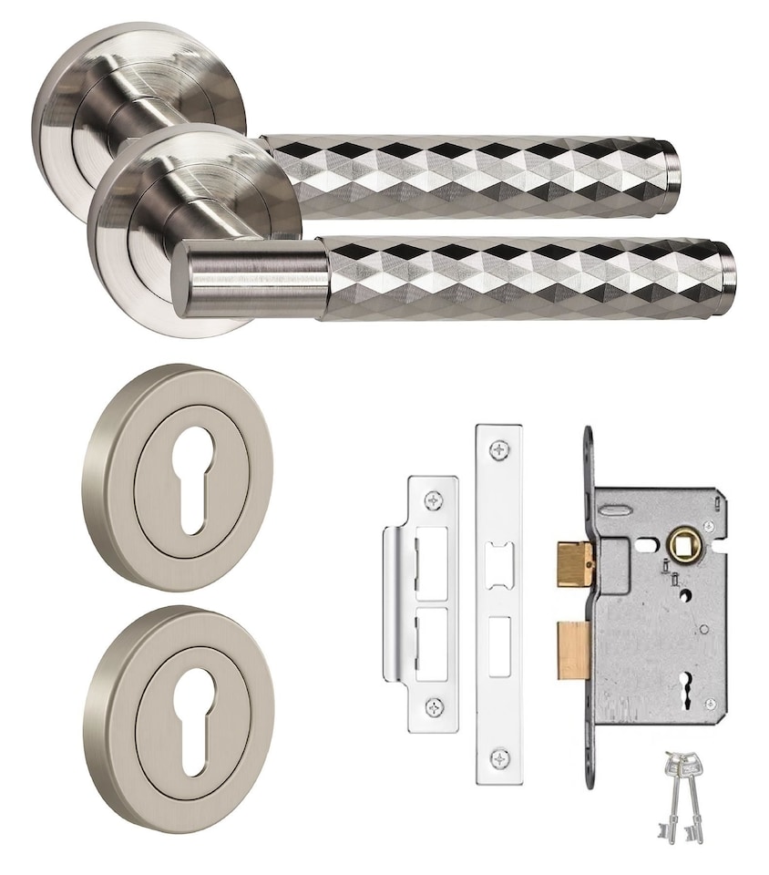 image 1 of Golden Grace Knurled Diamond Cut T-Bar Door Handle Lock Set Satin Nickel with Thumbturn and Mortise Lock