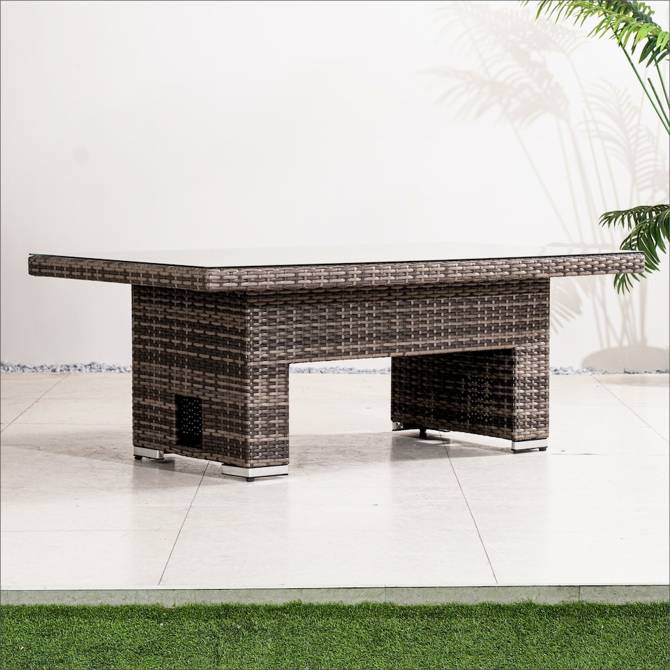 image 1 of Direct Wicker Outdoor Garden Rattan Rising Table with 5mm Clear Tempered Glass Top, Aluminium Frame for Patio, Balcony | Brown