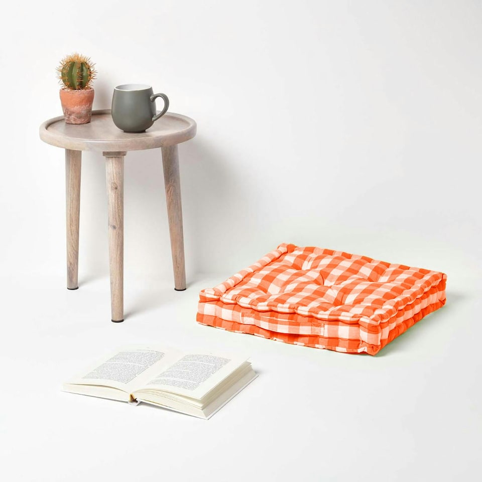 image 1 of Homescapes Orange Block Check Cotton Gingham Floor Cushion - 50 x 50 cm | Orange | 50 x 50 cm