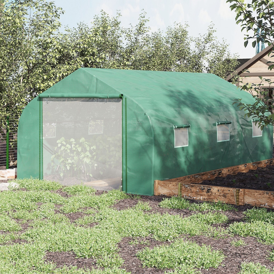 image 1 of Outsunny 4.5 x 3 x 2m Outdoor Tunnel Greenhouse w Roll Up Door 6 Windows Green