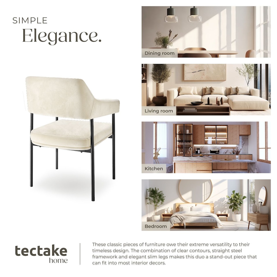 image 1 of Armchair Doe - durable fabric, black powder-coated legs, 120 kg load, 58 x 62 x 85 cm | White | velvet look off-white | 2