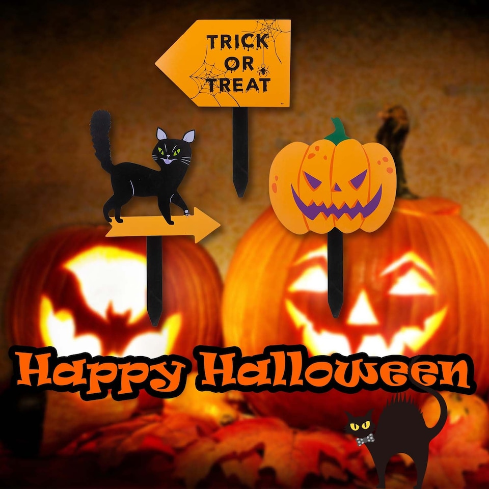 image 1 of vfm-estore Halloween Outdoor Stake Signs 3-Pack - Cat, Pumpkin, Trick or Treat