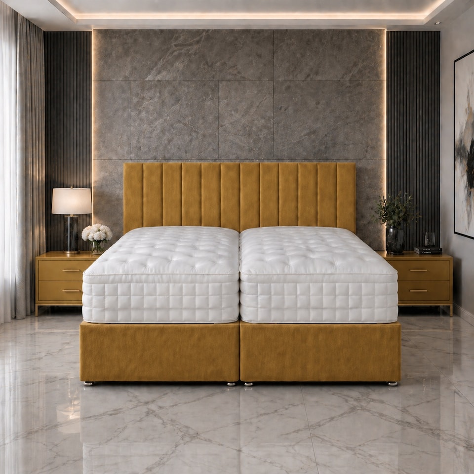 image 1 of 5ft Kingsize Zip Link 6x6 Length Mustard Plush Divan Bed Full Set No Drawers