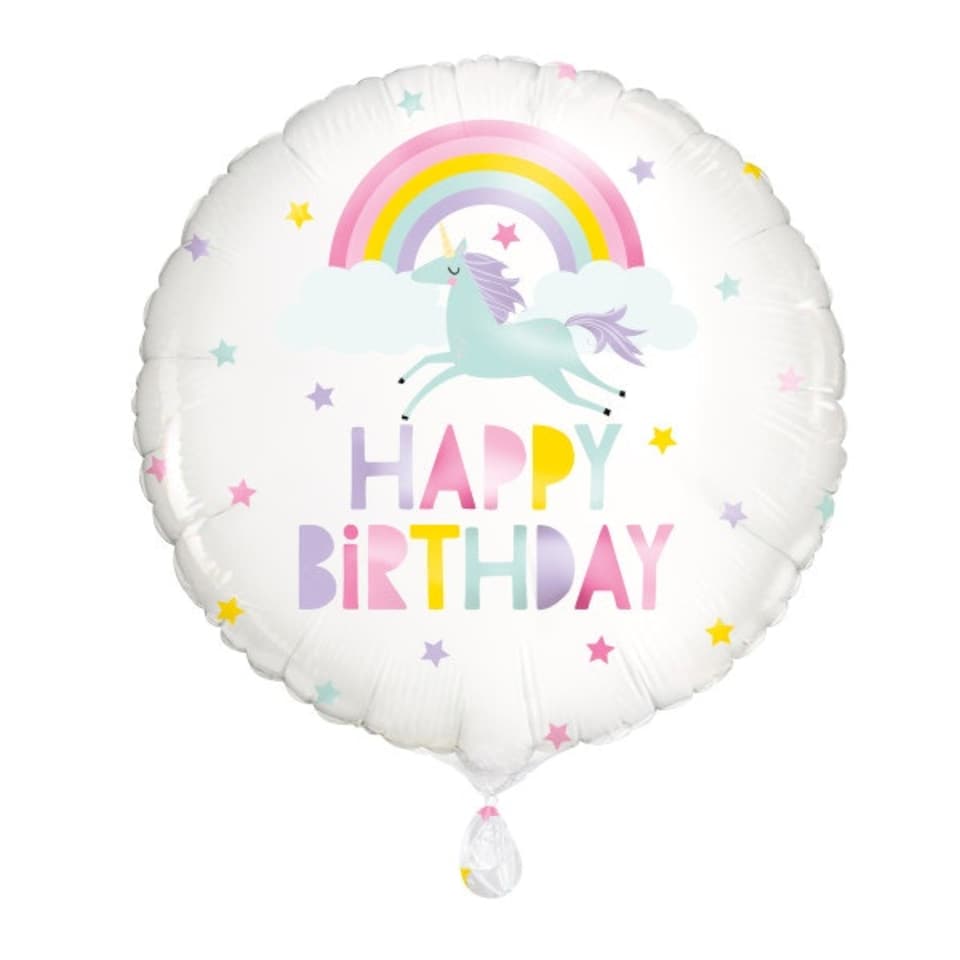 image 1 of Rainbow & Unicorn Happy Birthday Round Foil Balloon 18"