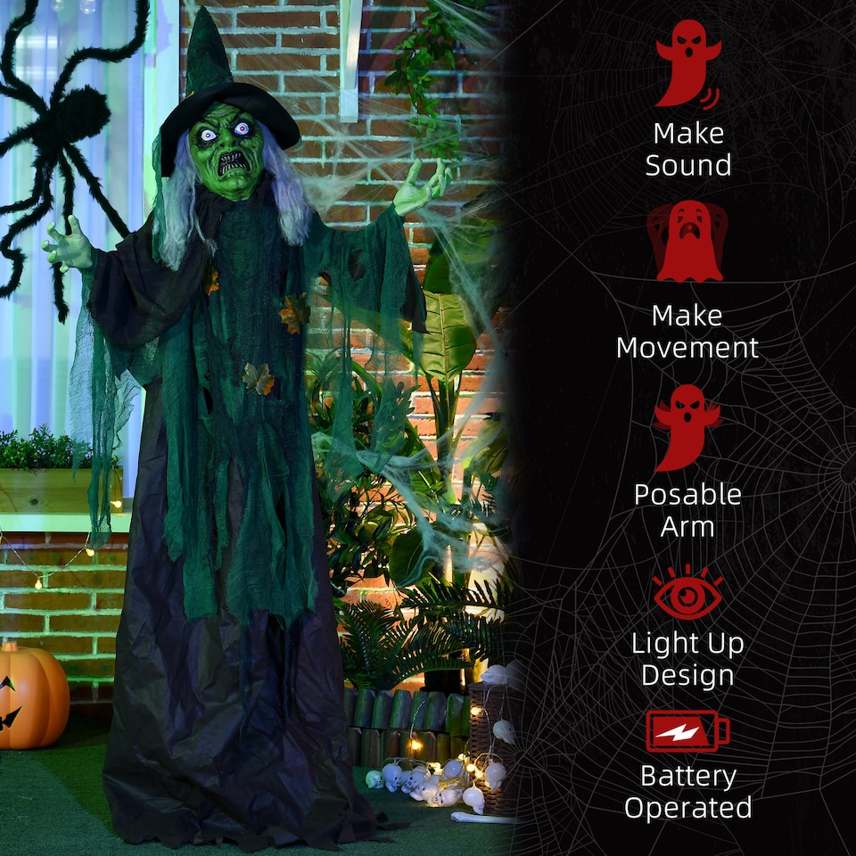 image 1 of HOMCOM 6ft Outdoor Halloween Decoration Witch, Standing Witch Prop Life Size with Sound and Motion Activated, Light Up Eyes Magical Heart, Talking Sound, Posable Arms, Moving Head