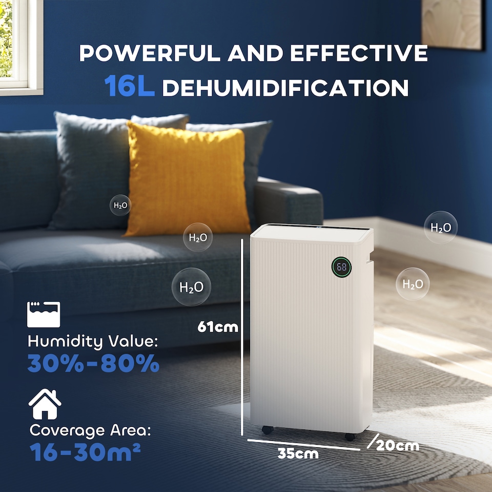 image 1 of HOMCOM 16LDay Dehumidifier with Air Purifier and HEPA Filter, UVC, Ioniser, 5.5L Water Tank, 24H Timer, for Home Damp, Condensation, Mould and Laundry Drying, White