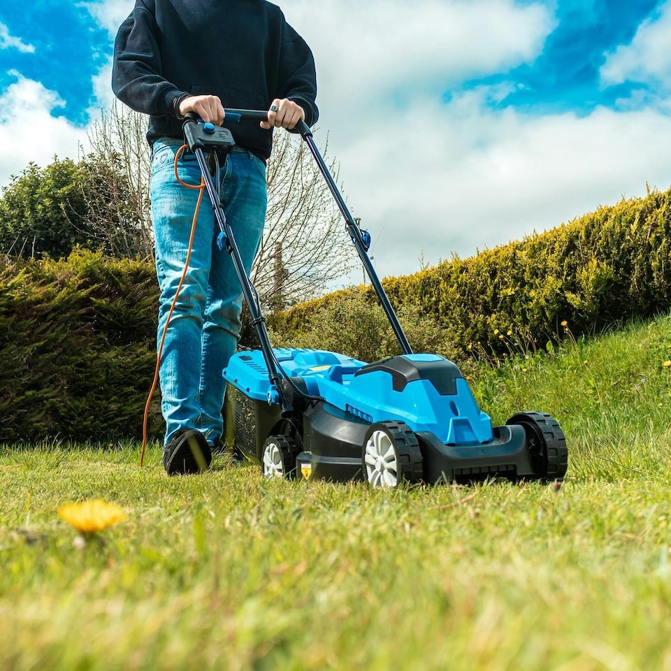 image 1 of Hyundai Electric Lawn Care Bundle, 1300W 33cm Cut Lawn Mower & 250W Grass Trimmer Strimmer HYM3313EGT