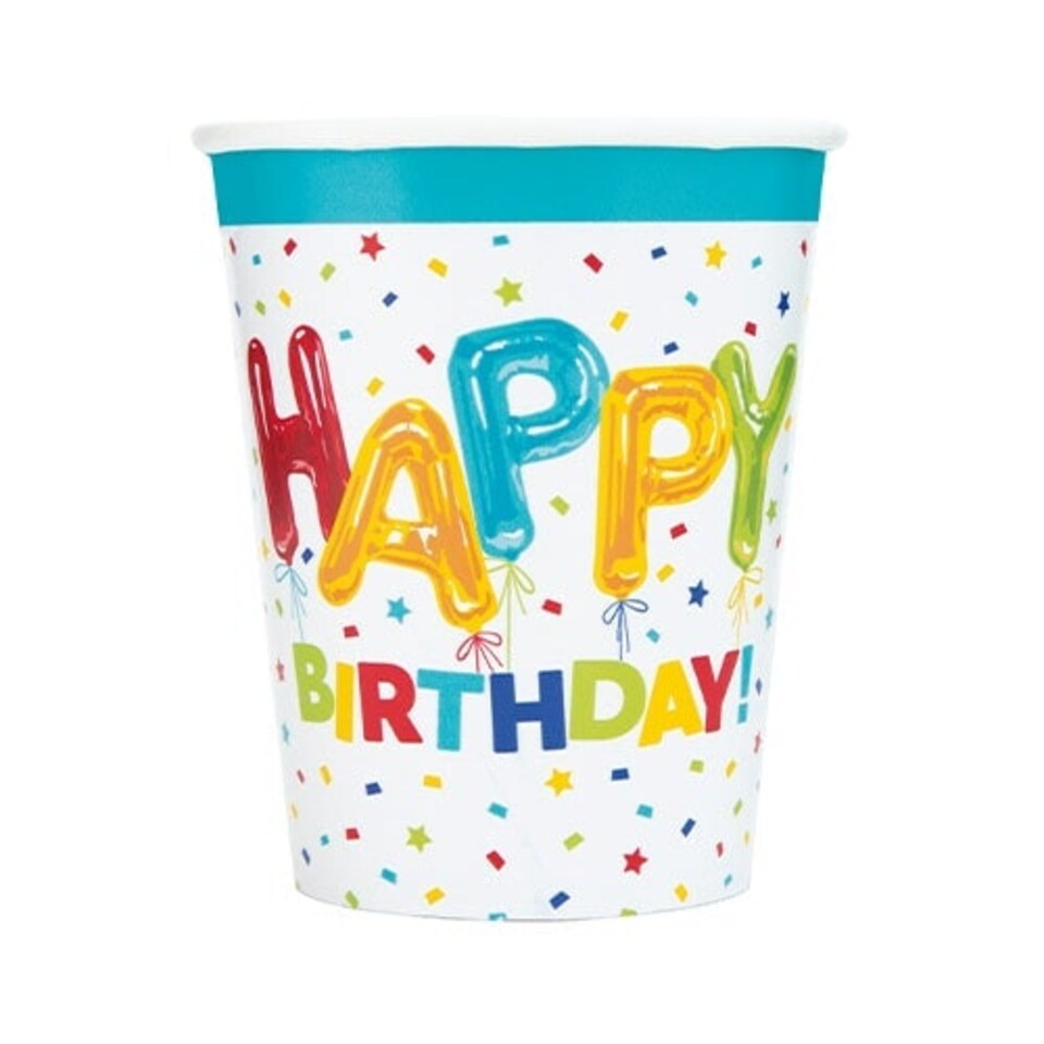Happy Balloon Birthday Paper Cups 270ml - Pack of 8