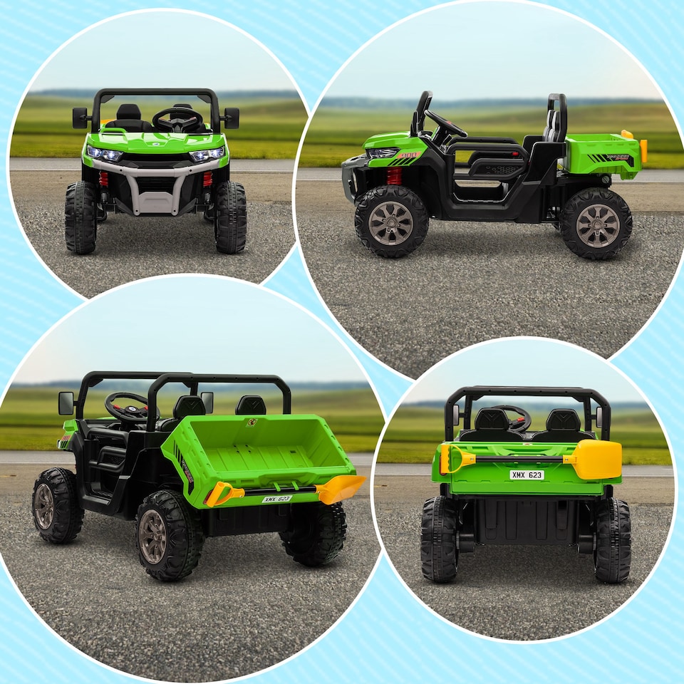 image 1 of HOMCOM Kids Ride on Car, Electric Car for Kids with Electric Bucket, 12V 2 Seater UTV with Shovel, Parental Remote, 4 Spring Suspension Wheels, Working Horn, Music - Green