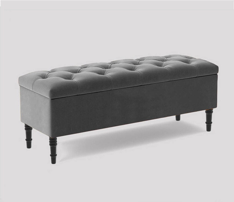 image 1 of 150cm Swiss Chesterfield Ottoman Storage Bench- Plush Velvet Shoe Bench - Grey Upholstery Footstool with Storage
