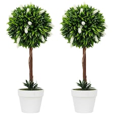 HOMCOM Set of 2 Potted Artificial Plants Ball Tree with Flowers, Pink