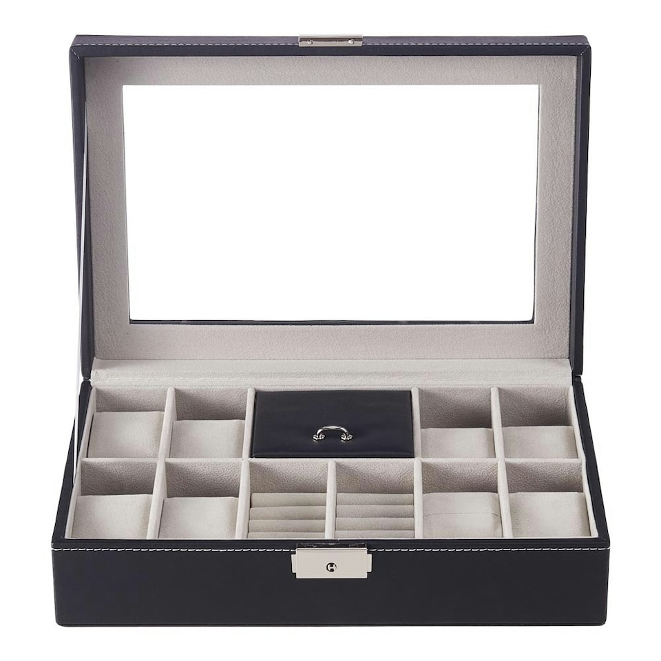 image 1 of Living and Home 8-Slot Black PU Leather Watch Display Box with Ring Slots