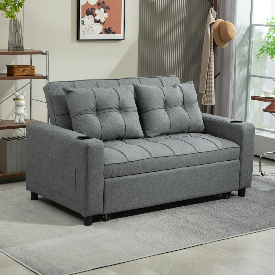 image 1 of HOMCOM 2 Seater Pull Out Sofa Bed with Pockets for Living Room Charcoal Grey 